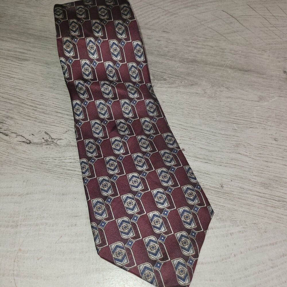 Stafford Mens Necktie Tie Silk Maroon Geometric Made In Italy